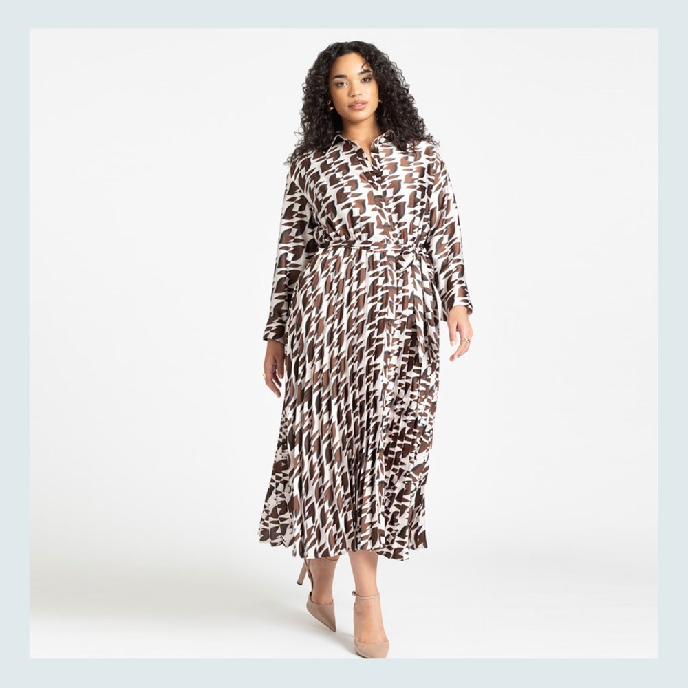 ELOQUII Geometric Print Pleated Midi Shirt Dress Size 18/20 – Brown/White